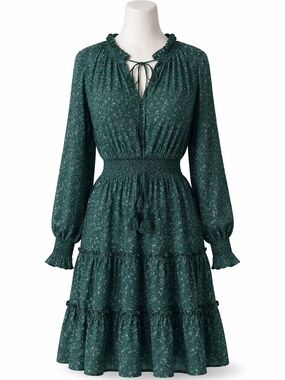 Green Tiered Long-Sleeve Smocked Waist Dress